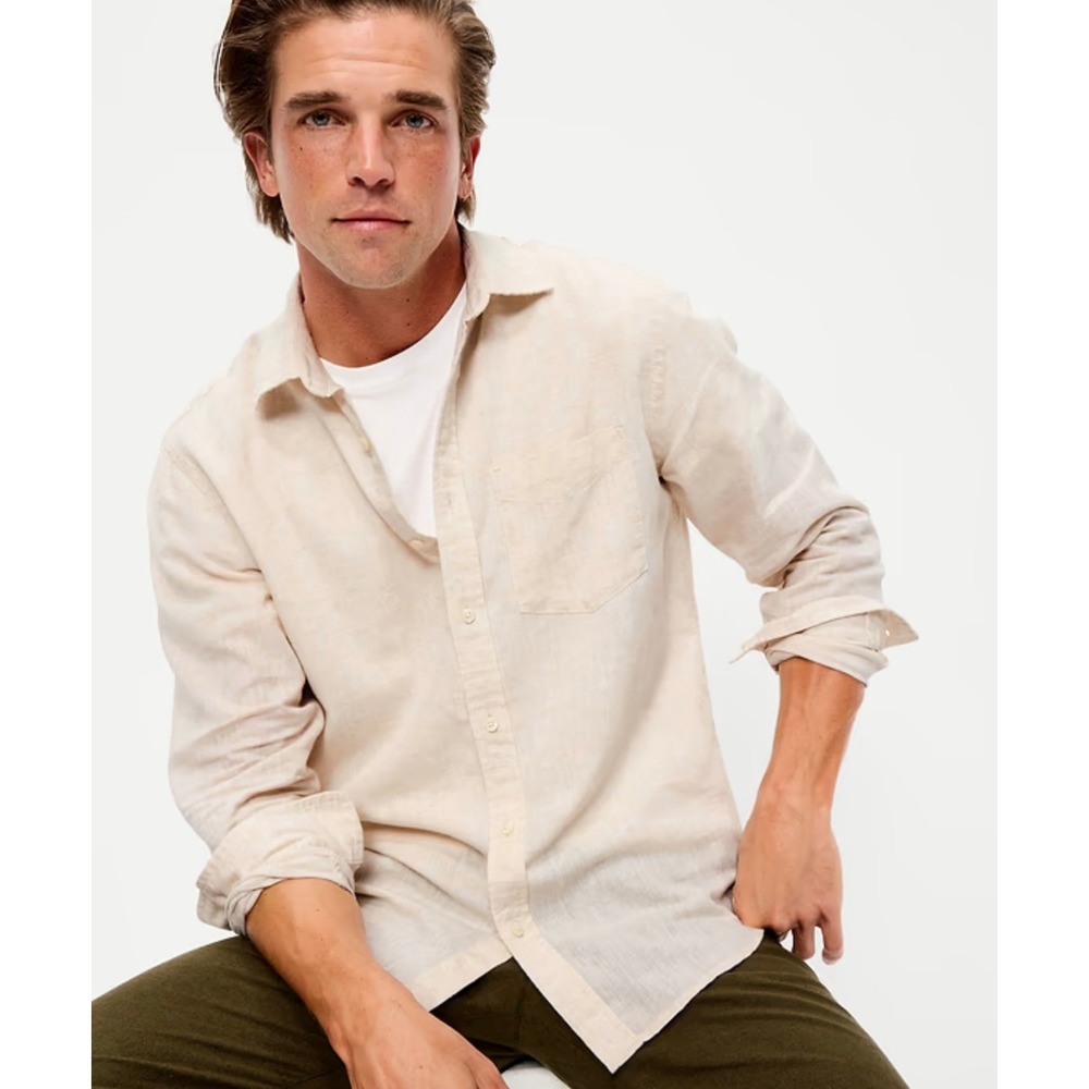 Old Navy Everyday Shirt Linen Blend Button Long Sleeve Down Beige Summer Large